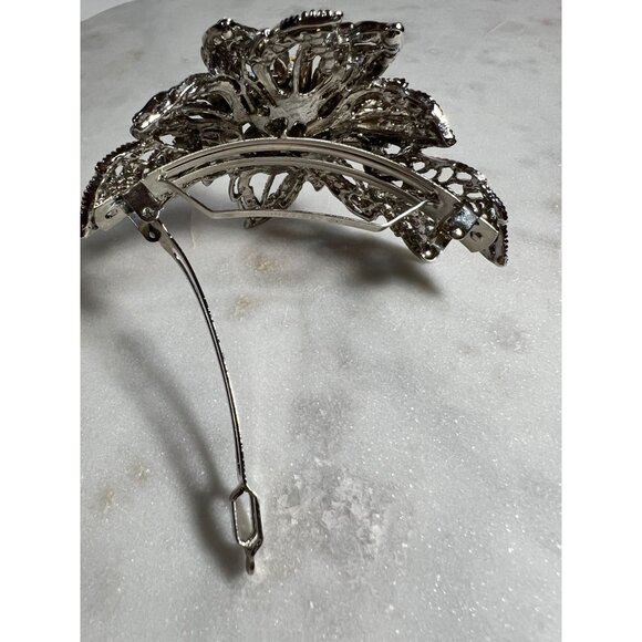 Vtg Aurora Borealis Rhinestone Flower Hair Paris Clip Crystal Filigree Barrette - Picture 7 of 8
